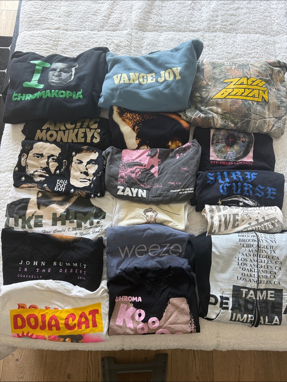 Assorted Graphic Band Tees in Black, Gray, Blue, Green, Pink, Yellow